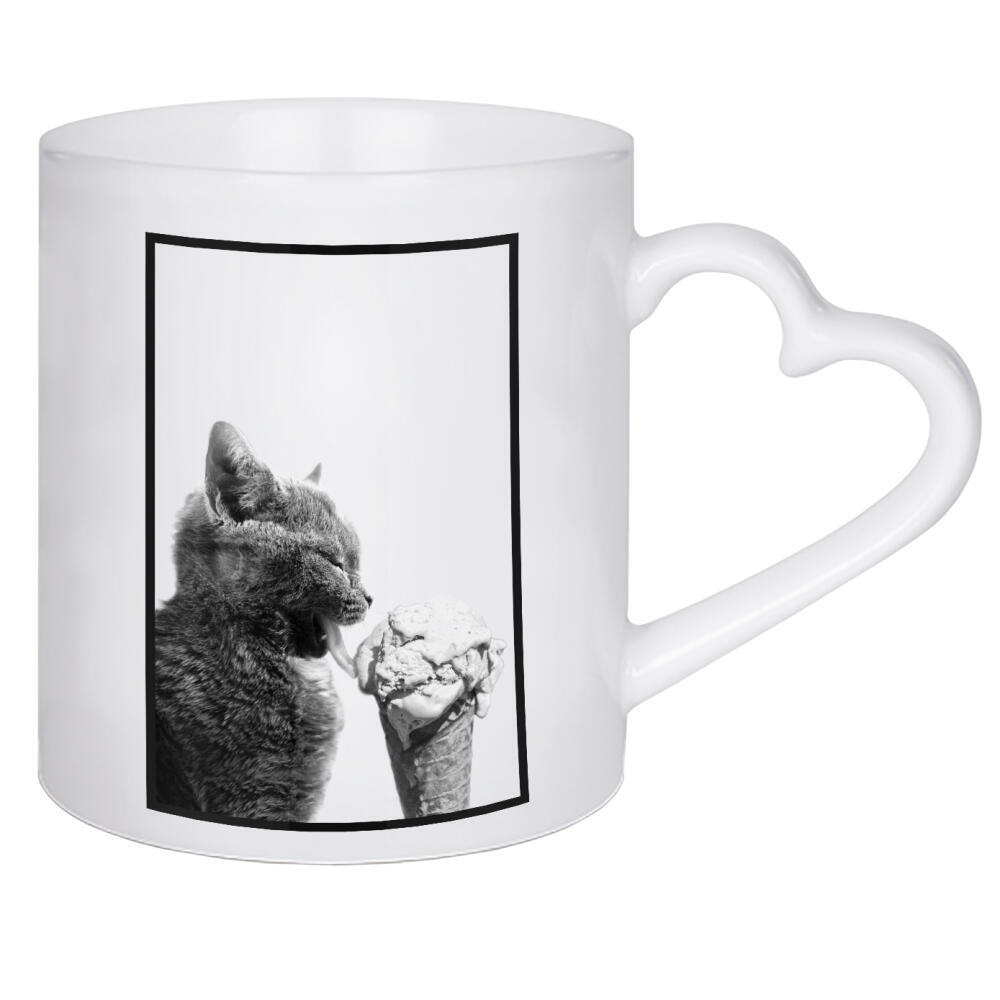 Herztasse "Cat Loves Ice Cream" artboxONE - Tiere,Essen & Trinken,Schwarzweiß,Lustig