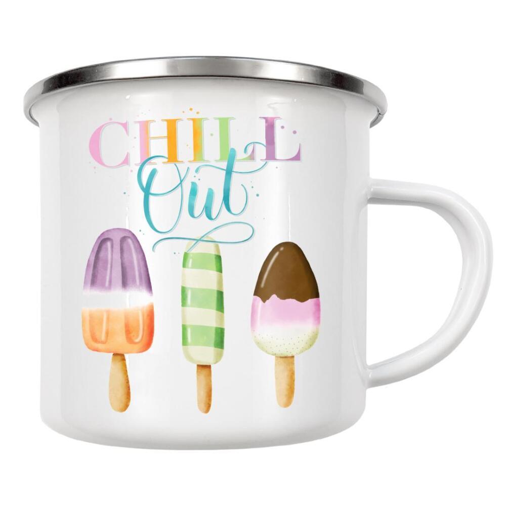 Emaille Tasse "Sommerliches Chill Out mit Eis" artboxONE - Typografie,Essen & Trinken,Lustig