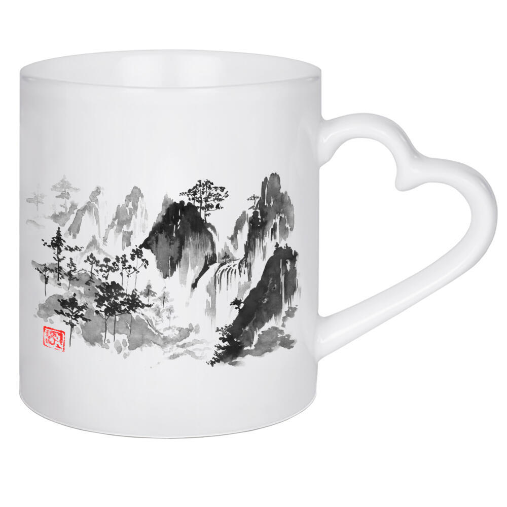 Herztasse "The fall" artboxONE - Natur - Cas,Sumie,Japon,Les montagnes,Mountains,Berge,Schwarzweiß,Blackandwhite,Natur,Nature
