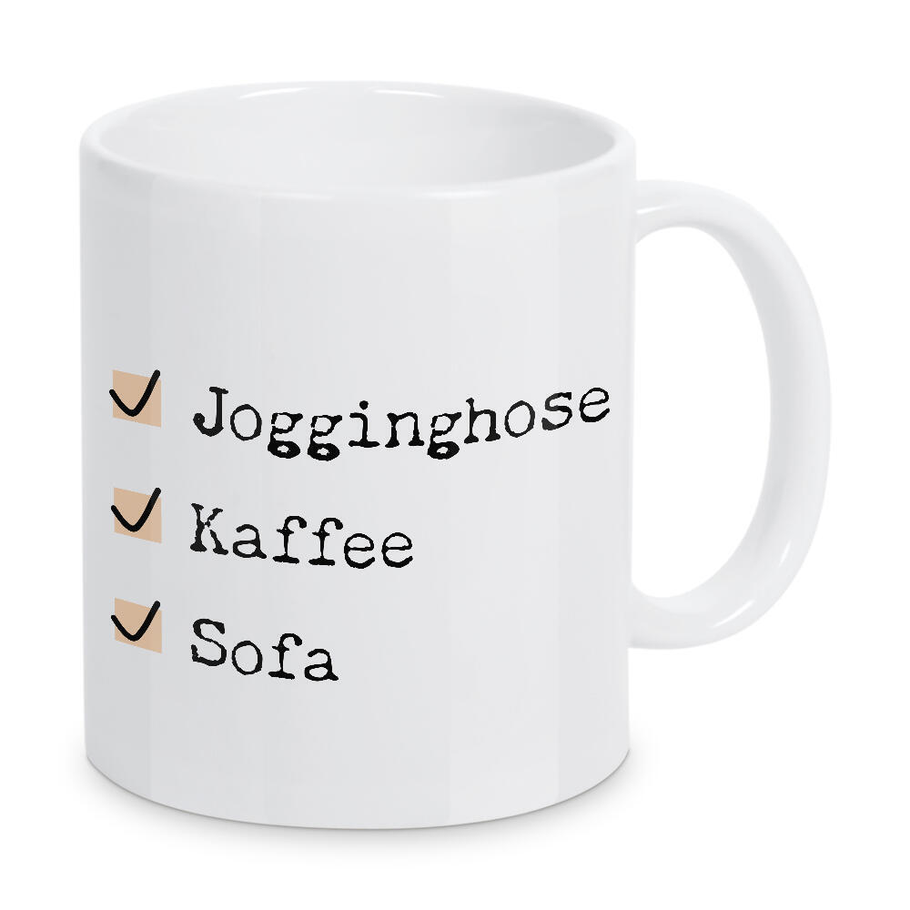 Tasse "Jogginghose - Kaffee - Sofa" artboxONE - Typografie,Essen & Trinken,Menschen,Lustig