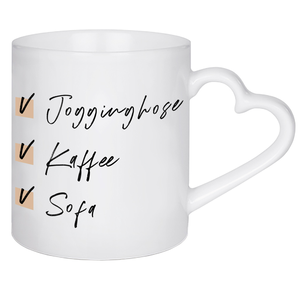 Herztasse "Kaffee - Sofa - Jogginghose" artboxONE - Typografie,Menschen,Lustig