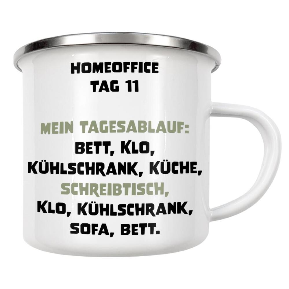 Emaille Tasse "Home Office Tagesablauf" artboxONE - Typografie,Essen & Trinken,Menschen,Lustig