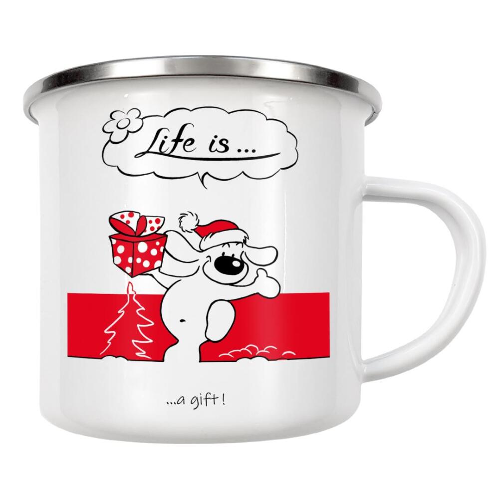 Emaille Tasse "Life is... a gift" artboxONE - Typografie,Tiere,Comic,Lustig