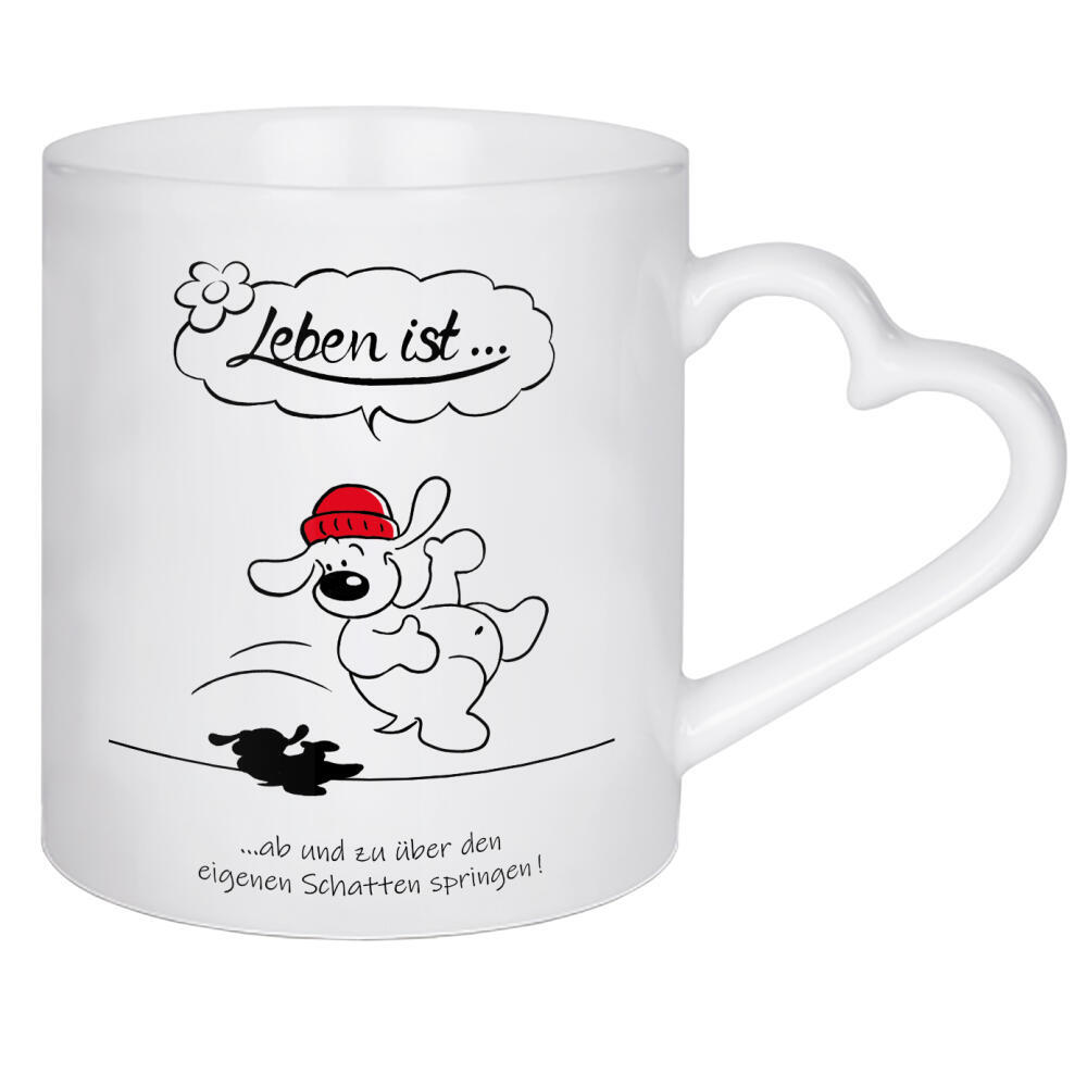 Herztasse "Leben ist... Schatten springen" artboxONE - Typografie,Tiere,Comic,Lustig