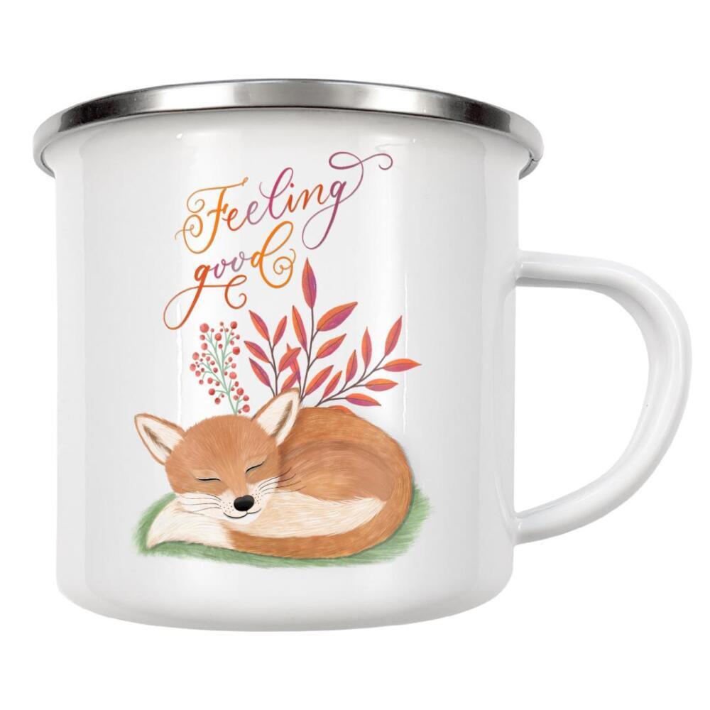 Emaille Tasse "Fox relaxing and feeling good" artboxONE - Typografie,Floral,Für Kinder,Tiere,Lustig