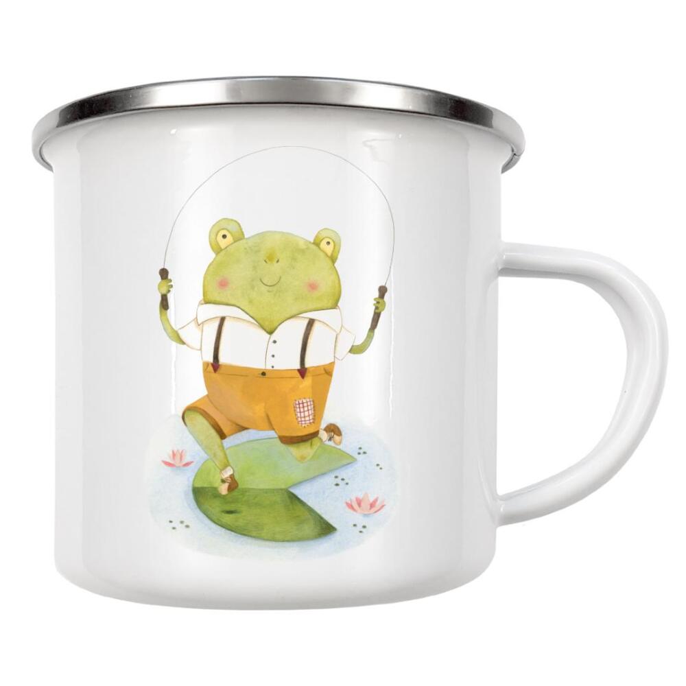 Emaille Tasse "Frosch beim Seilchenspringen" artboxONE - Natur,Floral,Für Kinder,Tiere,Sport