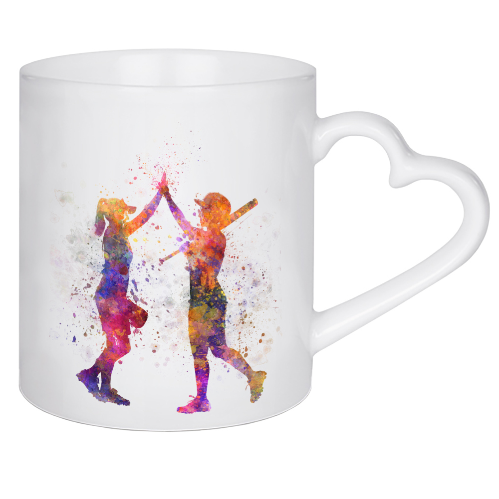 Herztasse "Women playing softball" artboxONE - Sport - Softball,Sport,Sports,Bat,Ball,Baseball,Woman,Stadium,Colorful,Splash,Competition,Watercolor
