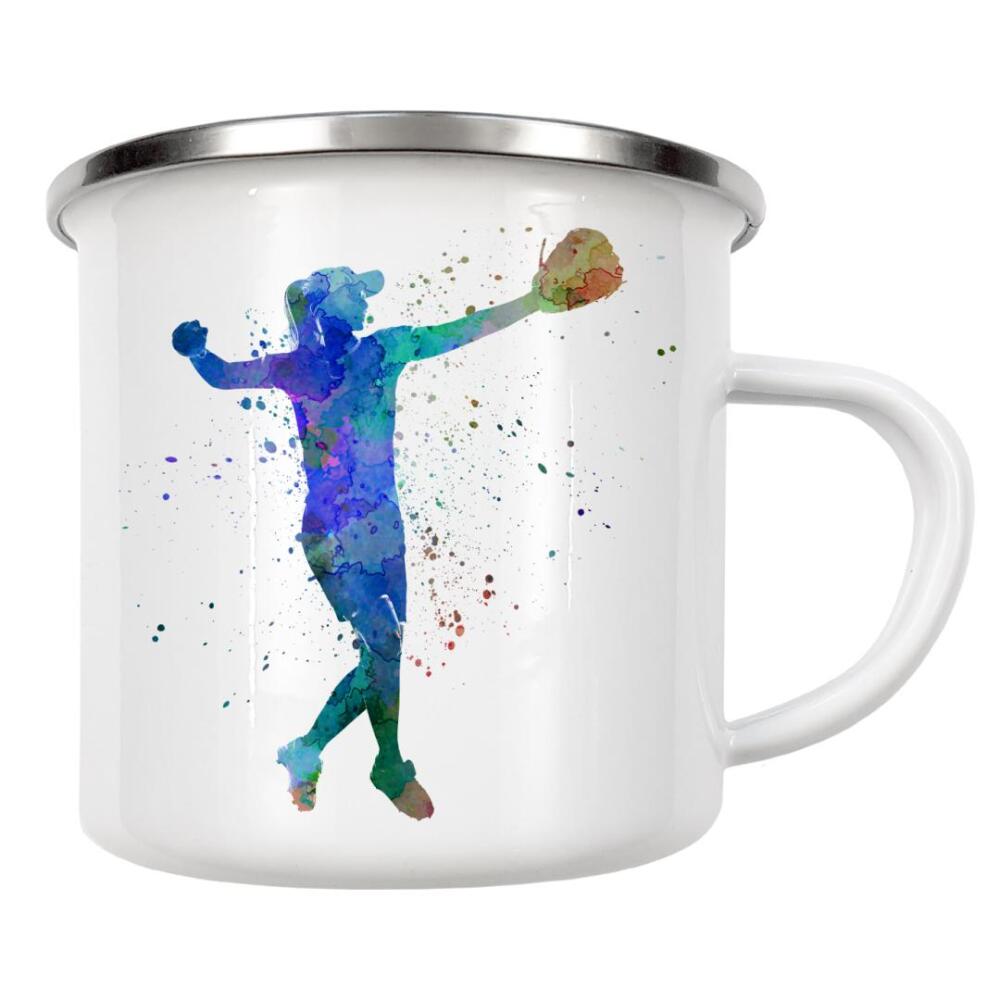 Emaille Tasse "Softball player" artboxONE - Sport - Softball,Sport,Sports,Bat,Ball,Baseball,Woman,Stadium,Colorful,Splashes,Competition,Watercolor