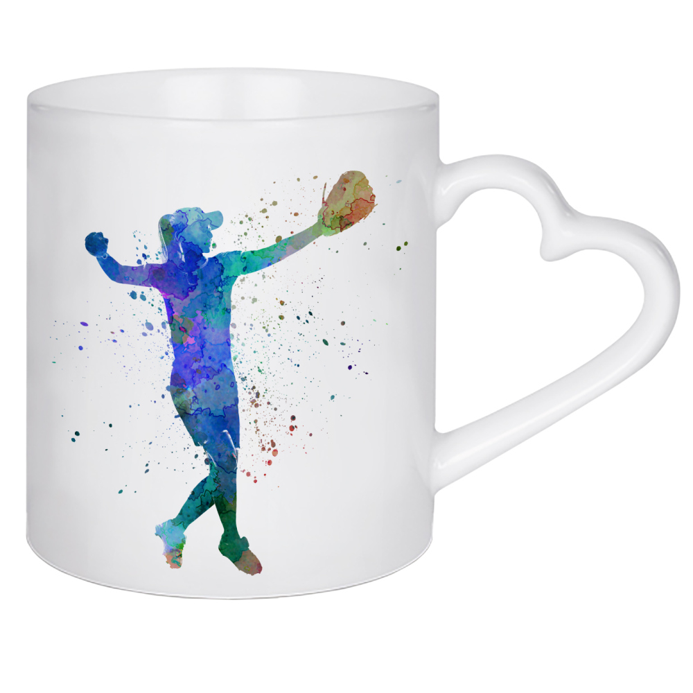 Herztasse "Softball player" artboxONE - Sport - Softball,Sport,Sports,Bat,Ball,Baseball,Woman,Stadium,Colorful,Splashes,Competition,Watercolor