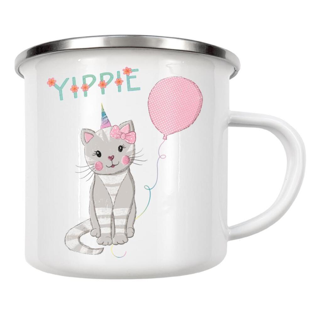 Emaille Tasse "Yippie. Süße Katze mit Einhorn" artboxONE - Typografie,Für Kinder,Tiere,Lustig