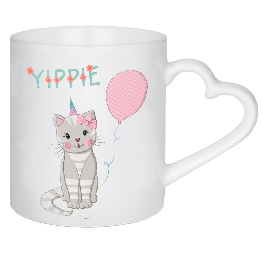 Herztasse "Yippie. Süße Katze mit Einhorn" artboxONE - Typografie,Für Kinder,Tiere,Lustig