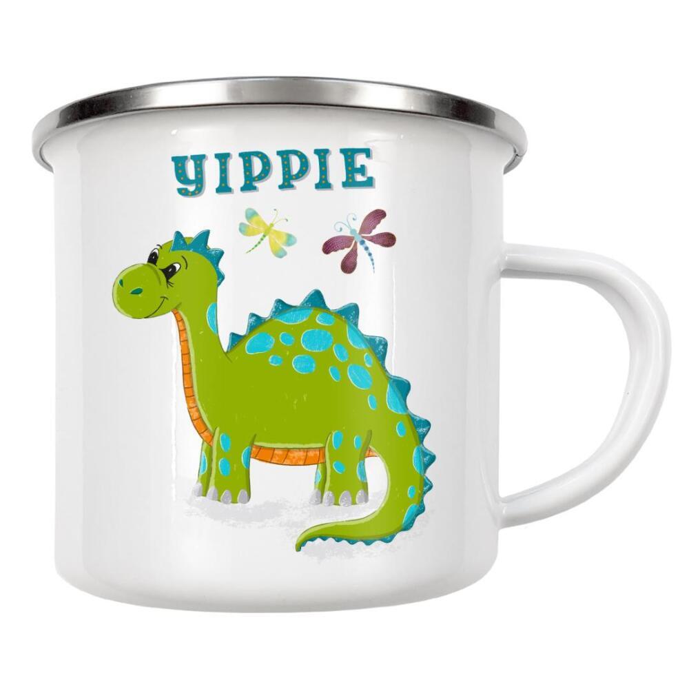 Emaille Tasse "Dino gut gelaunt. Yippie!" artboxONE - Für Kinder,Tiere,Lustig