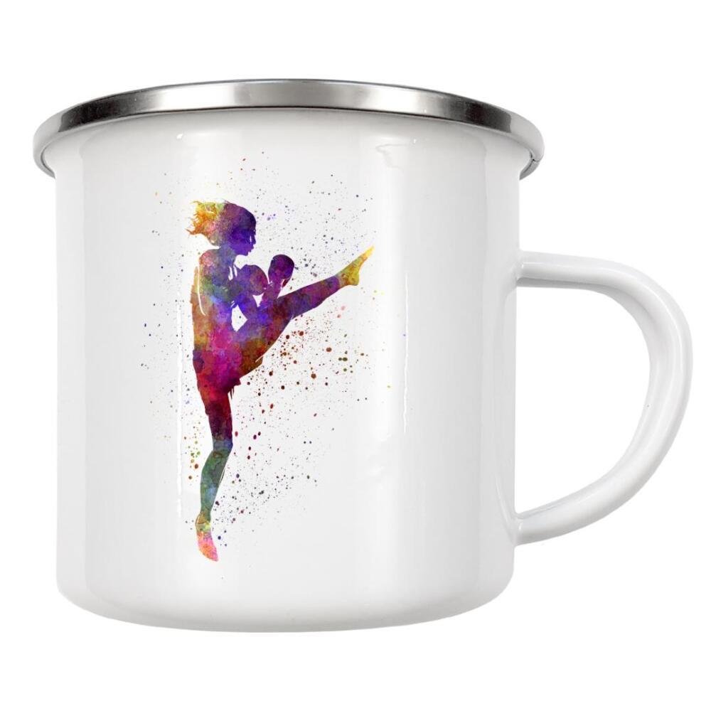 Emaille Tasse "Woman boxer boxing kickboxing" artboxONE - Sport - Sport,Sports,Color,Illustration,Boxing,Boxer,Quadrilateral,Fight,Combat,Kickboxing
