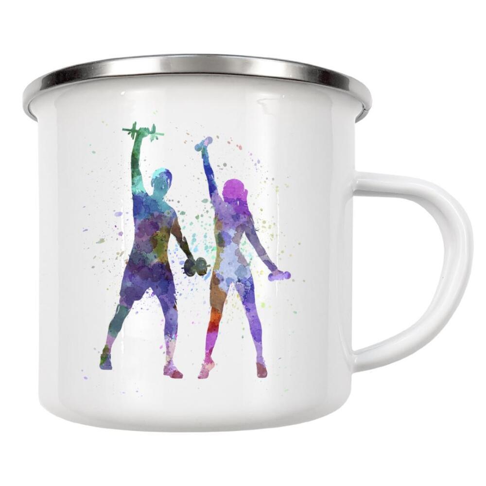 Emaille Tasse "Woman exercising with man coach" artboxONE - Sport