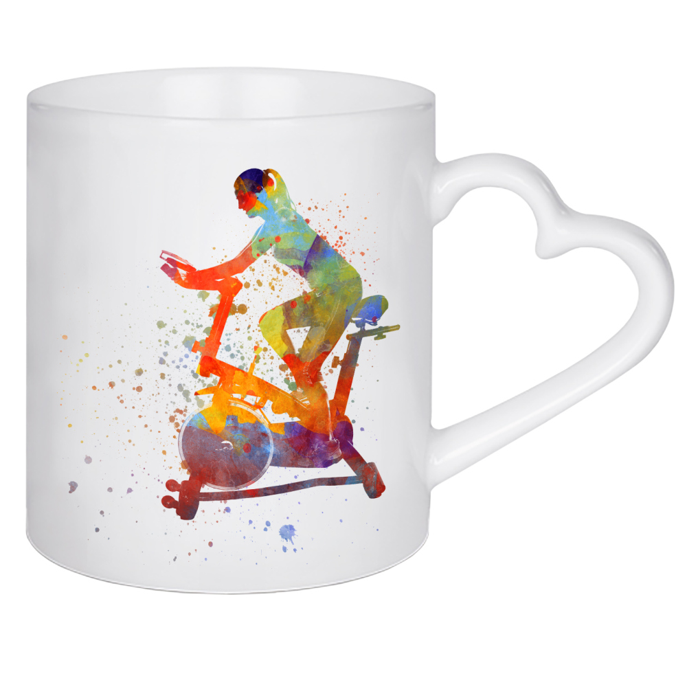 Herztasse "Stationary bike in watercolor" artboxONE - Sport - Sport,Sports,Illustration,Watercolor,Exercise bike,Gym,Bicycle,Woman,Color,Decorative