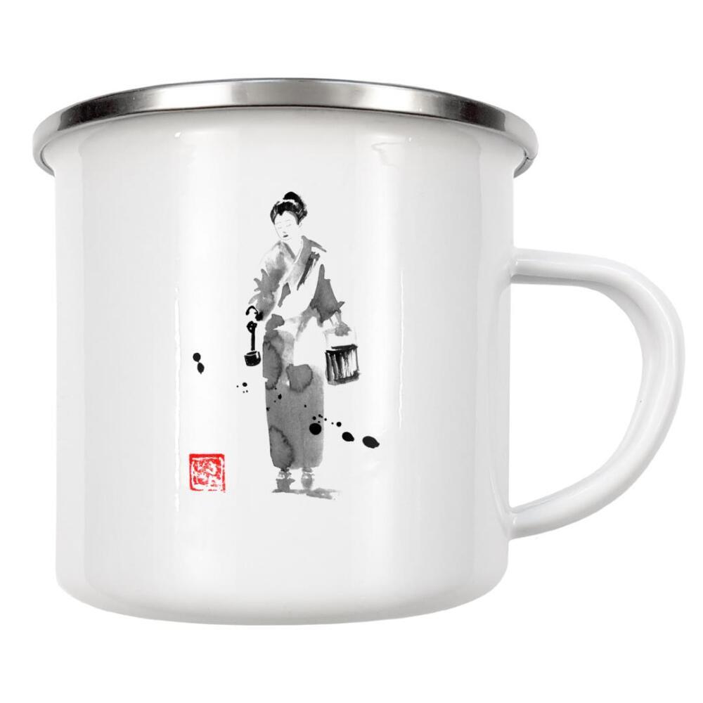 Emaille Tasse "Uchimizu in the street" artboxONE - Reise / Asien - Uchimizu,Sumie,Japan,Woman,Female,Frau,Schwarzweiß,Blackandwhite,Grau