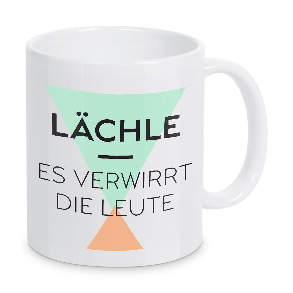Tasse "Lächle – Es verwirrt die Leute" artboxONE - Typografie - Pastell,Typografie,Spruch,Orange,Grün,Türkis,80er,Muster,Lächle,Leute,Dreieck
