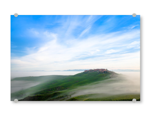 Acrylglasbild "Nebelwolken" artboxONE - Natur - Himmel,Dörf,Berg,Wiese,Frankreich,Südfrankreich