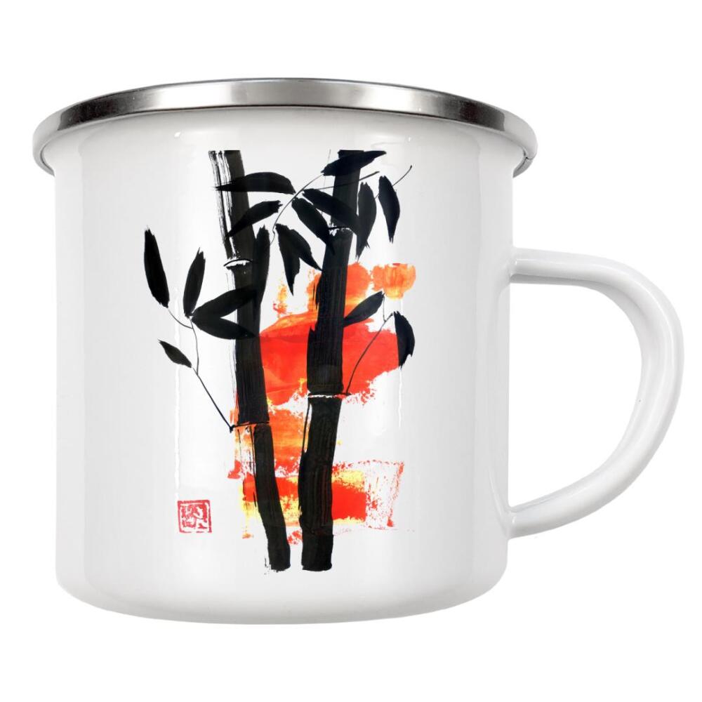 Emaille Tasse "Bamboo in yellow" artboxONE - Reise / Asien - Bamboo,Sumie,Japan,Minimal,Minimalistisch,Baum,Tree