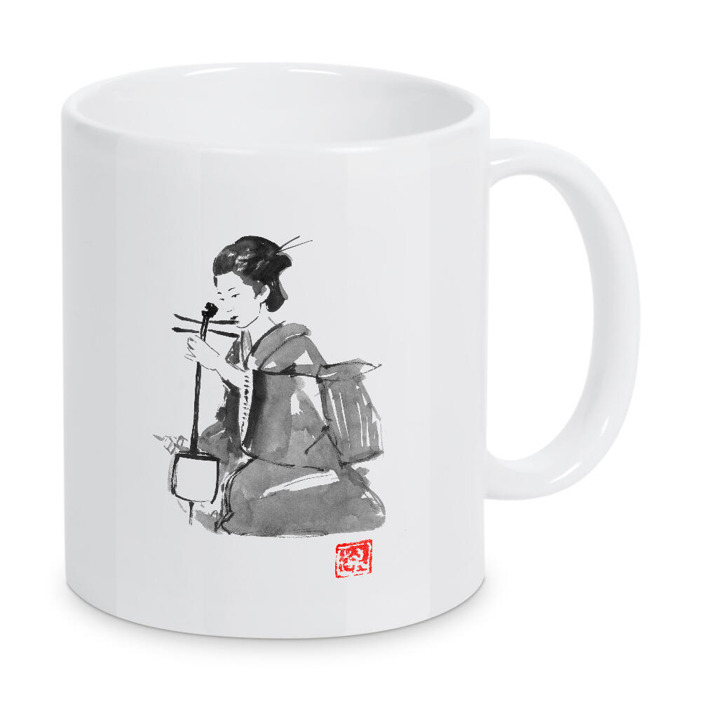 Tasse "Playing geisha" artboxONE - Schwarzweiß,Reise / Asien - Geisha,Sumie,Japan,Shamizen,Schwarzweiß,Blackandwhite,Female,Woman,Frau