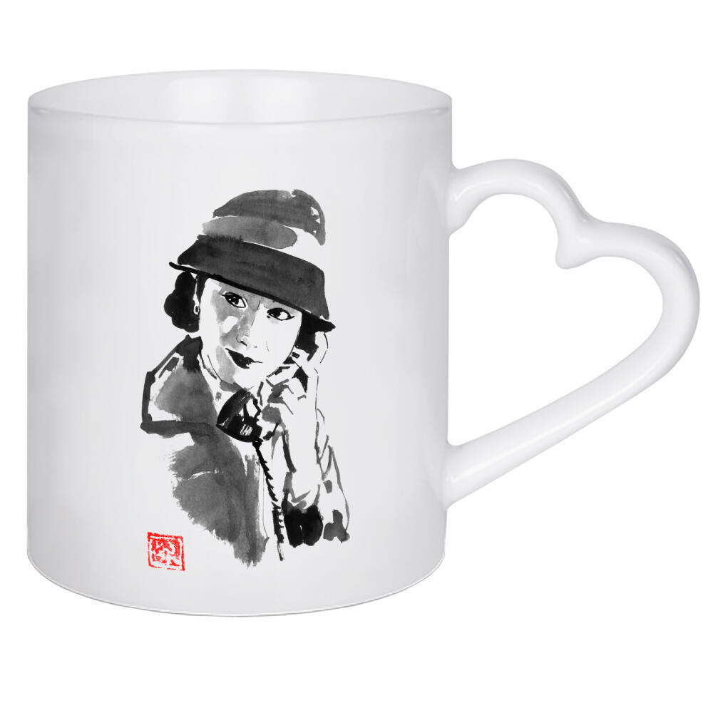Herztasse "Wei ' allo" artboxONE - Tiere,Menschen,Schwarzweiß,Reise / Asien - Tang wei,Sumie,Japan,China,Phone,Female,Woman,Schwarzweiß,Blackandwhite