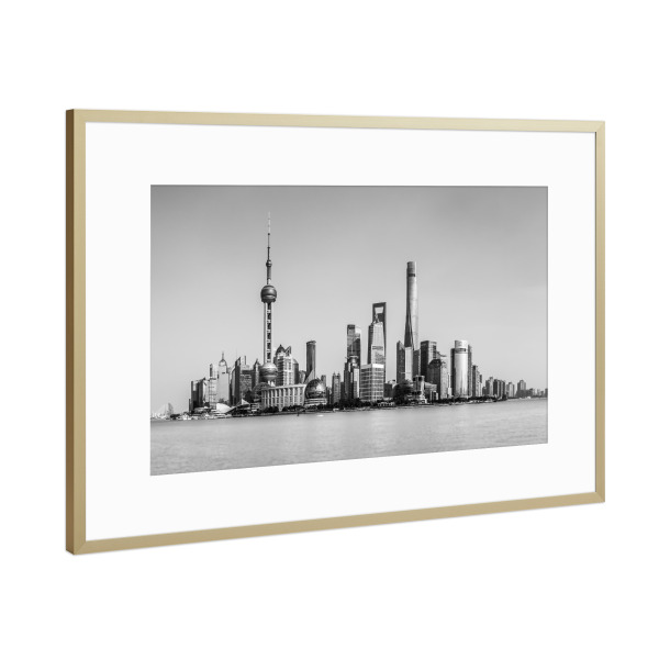 Poster mit Rahmen Gold "Shanghai Skyline" artboxONE - Reise,Schwarzweiß,Städte / Shanghai