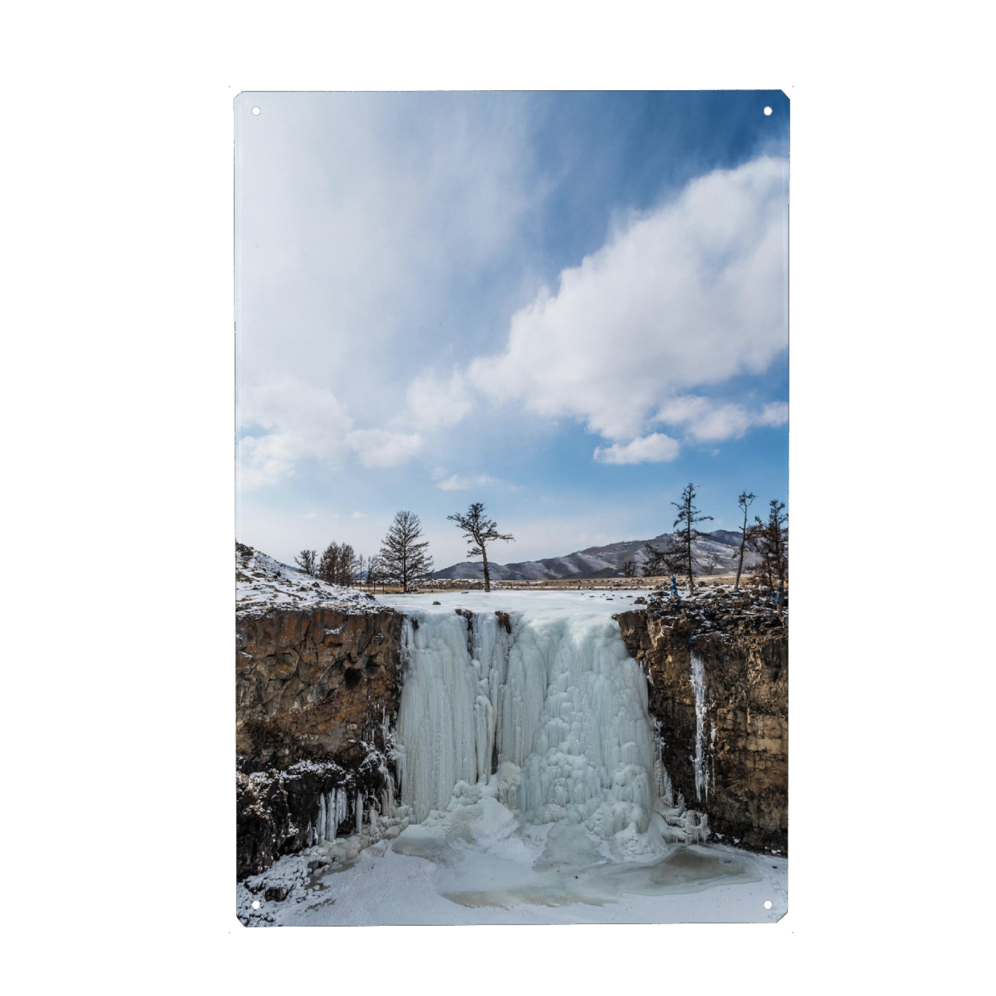 Metall Poster "Frozen Falls" artboxONE - Natur - Gefrorener wasserfall,Bäume,Klippen - Blechschild