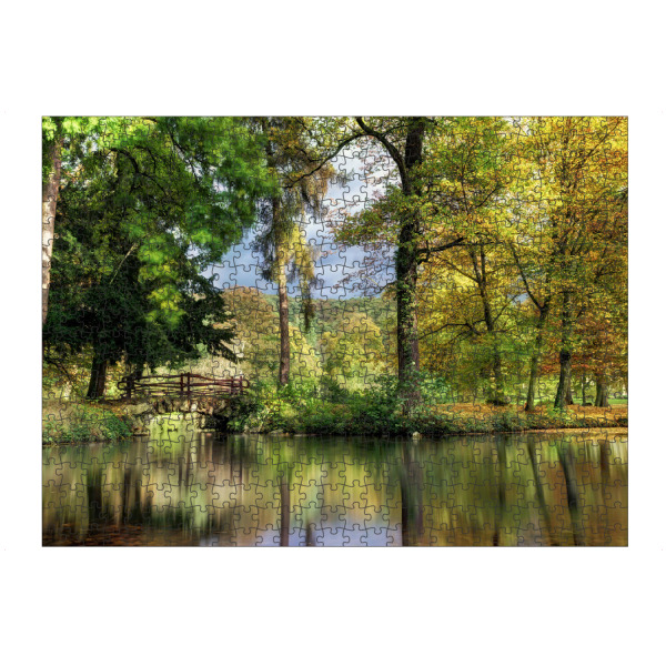 artboxONE Puzzle "Idyllischer See" artboxONE - Natur - Spiegelung,Brücke,Bäume,Tümpel,Wald,Wasser,Dekorative fotografie - Bild spiegelung