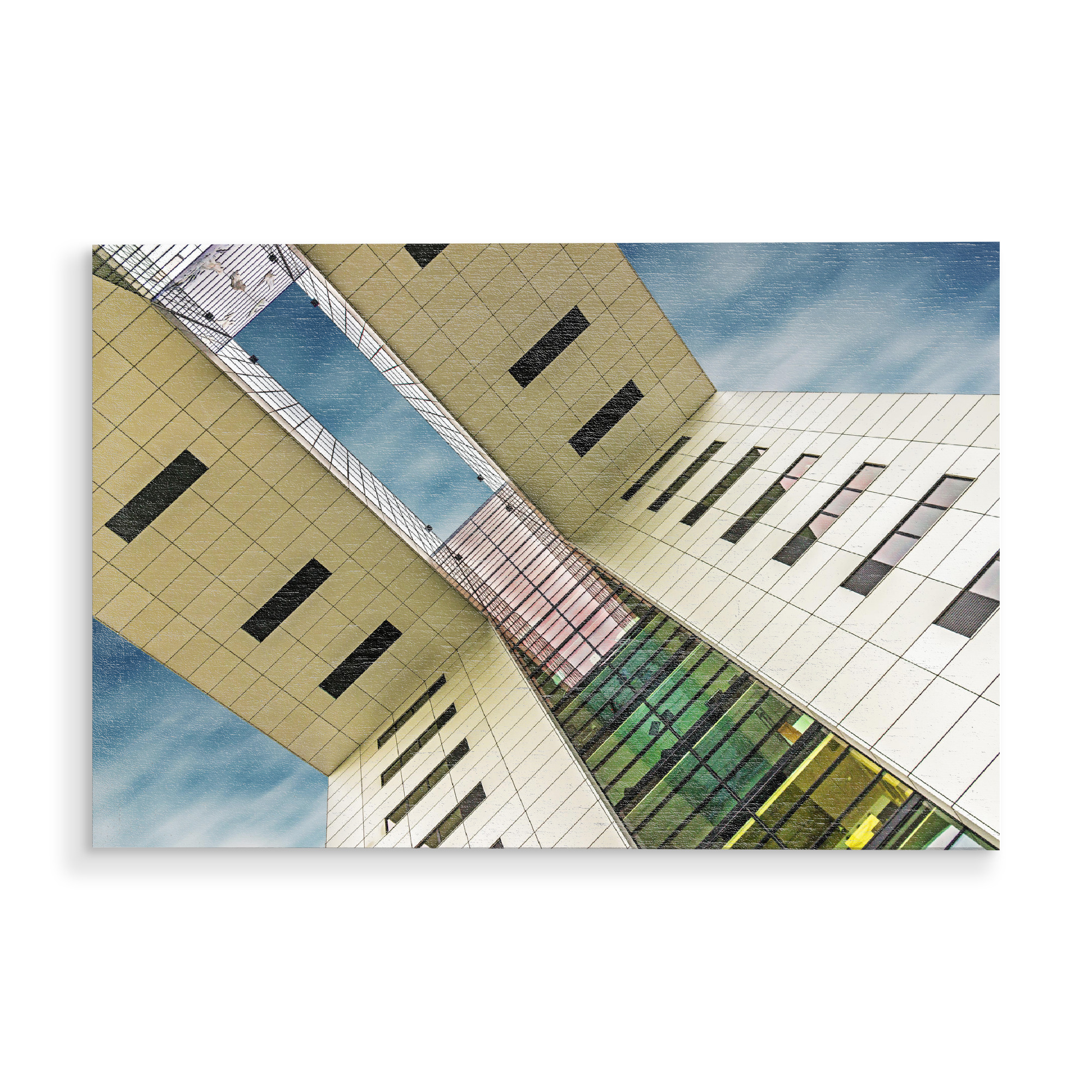 Holzbild "Gen Himmel I" artboxONE - Architektur - Kranhaus,Hochhaus,Architekturfotografie,Am rhein,Kölner innenstadt,Rheinauhafen,Froschperspektive
