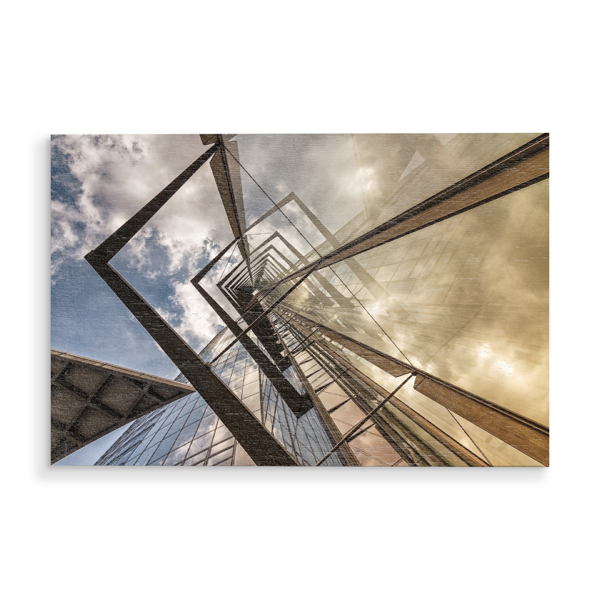 Holzbild "Gen Himmel III" artboxONE - Architektur - Gebäude,Glas,Himmel,Wolken,Nahaufnahme,Architekturfotografie,Hochhaus