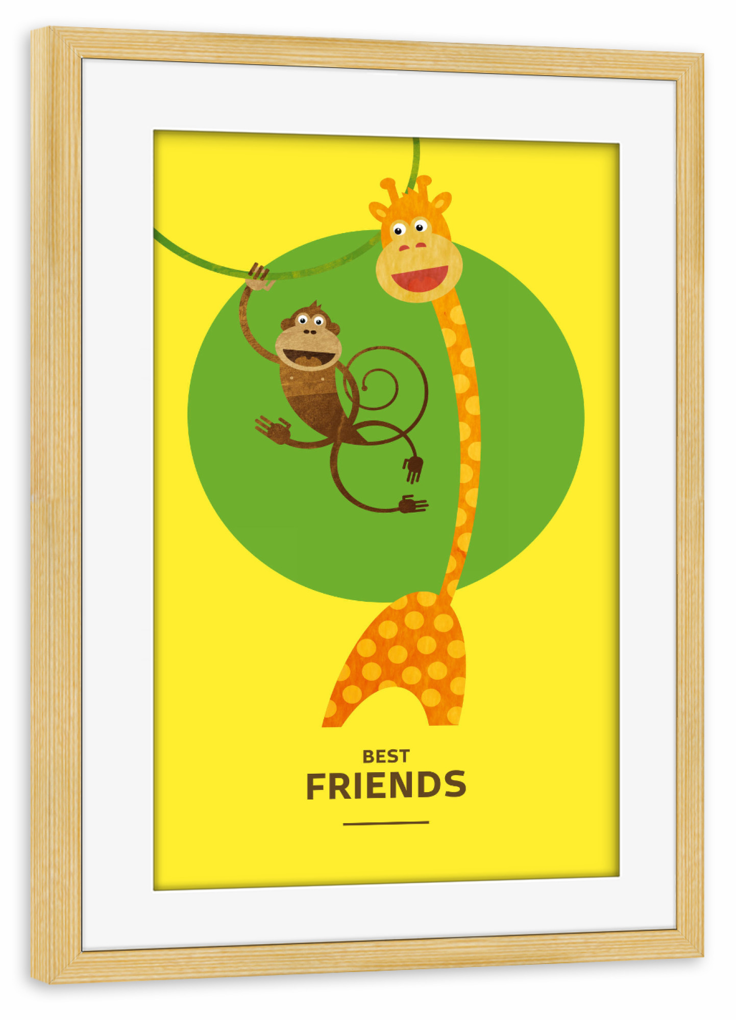 Poster mit Rahmen kiefer "Beste Freunde II" artboxONE - Für Kinder - Affe,Giraffe,Kreis,Bff beste freunde,Liane,Dschungelbuch