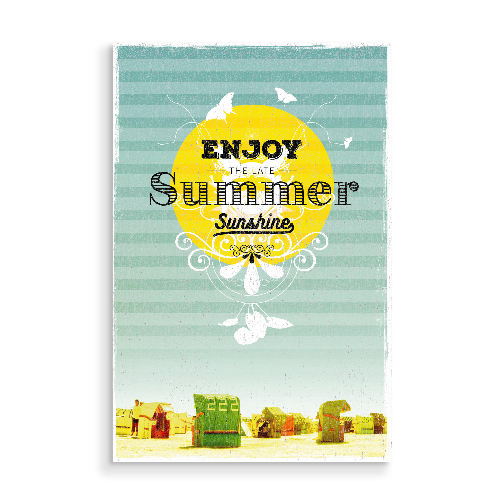 Holzbild "Spätsommer" artboxONE - Für Kinder,Sommer - Sommer,Strand,Typografie,Enjoy,Sunshine,Strandkorb,Beach,Schmetterlinge,Butterfly
