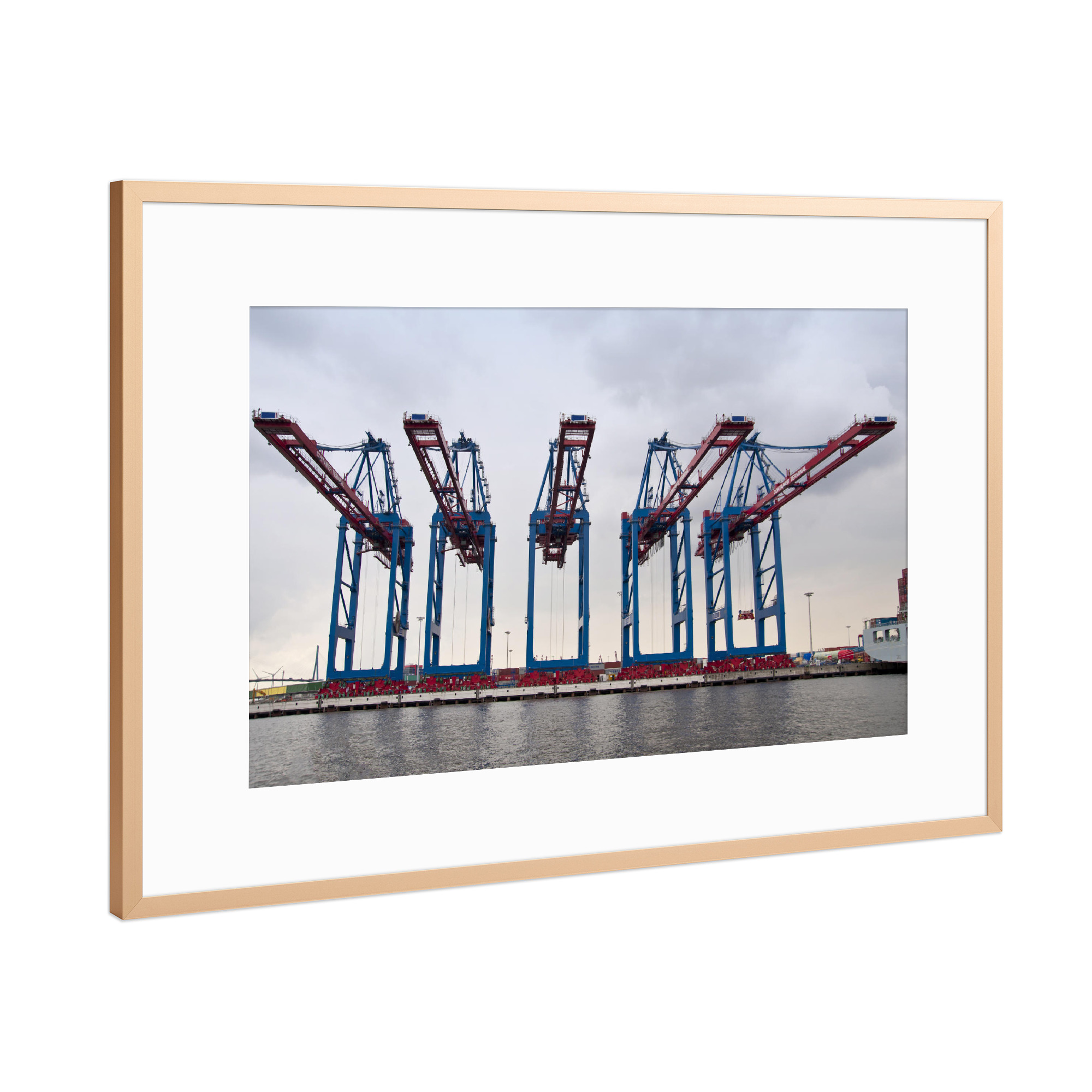 Poster mit Rahmen Kupfer "Five Cranes" artboxONE - Städte / Hamburg - Transport,Hafen,Verladen,Hamburg hafen,Container,Kran