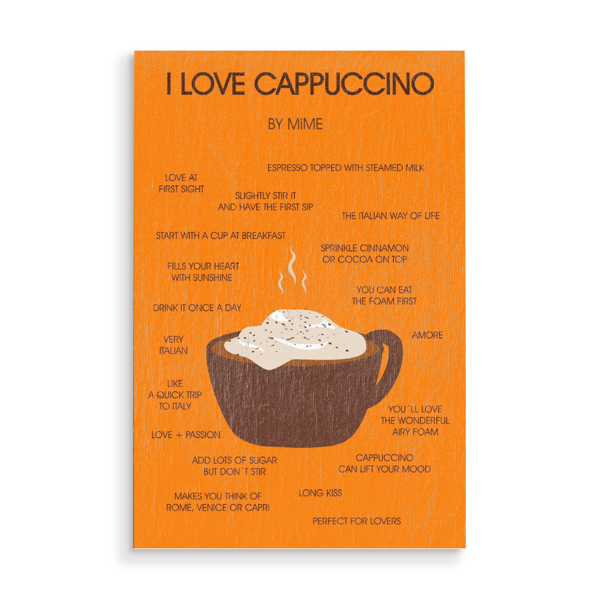 Holzbild "Cappuccino 2" artboxONE - Rock the kitchen,Essen & Trinken - Kaffee,Kaffee,Cappuccino,Küche,Tasse,Typografie,Liebe,Liebe,Leben,Küche