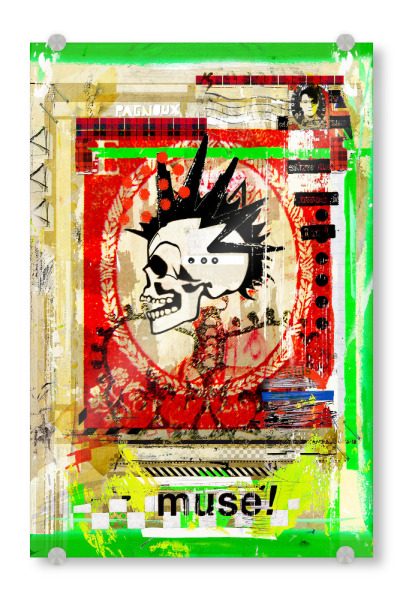 Acrylglasbild "Muse" artboxONE - Abstrakt - Totenkopf,Irokese,Haare,Muse,Streetart,Paris,Frankreich,Städtisch,Grafik,Schablone,Graffiti,Schädel