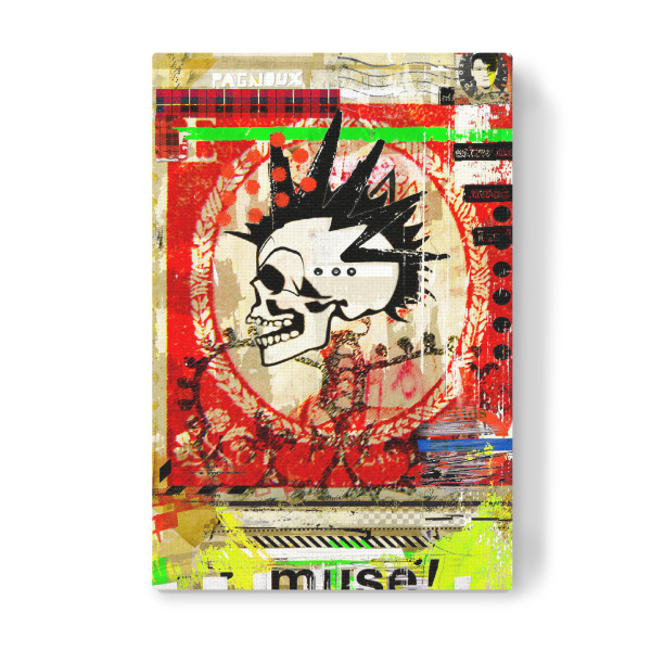 Leinwandbild "Muse" artboxONE - Abstrakt - Totenkopf,Irokese,Haare,Muse,Streetart,Paris,Frankreich,Städtisch,Grafik,Schablone,Graffiti,Schädel