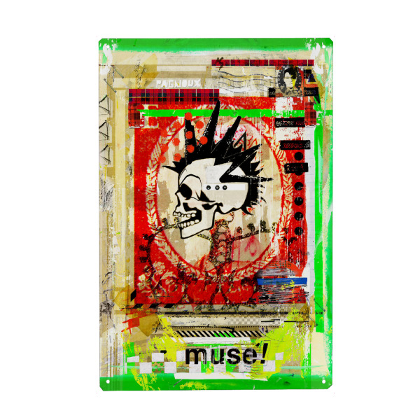 Metall Poster "Muse" artboxONE - Abstrakt - Totenkopf,Irokese,Haare,Muse,Streetart,Paris,Frankreich,Städtisch,Grafik,Schablone,Graffiti,Schädel