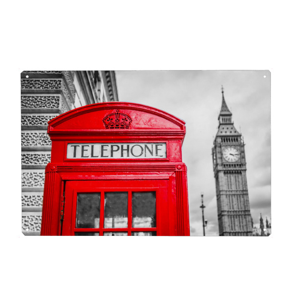 Metall Poster "Telefonzelle am Big Ben" artboxONE - Städte / London - Call,Telefon,Bigben,Kirche,London,England,Great britian,Großbritanien