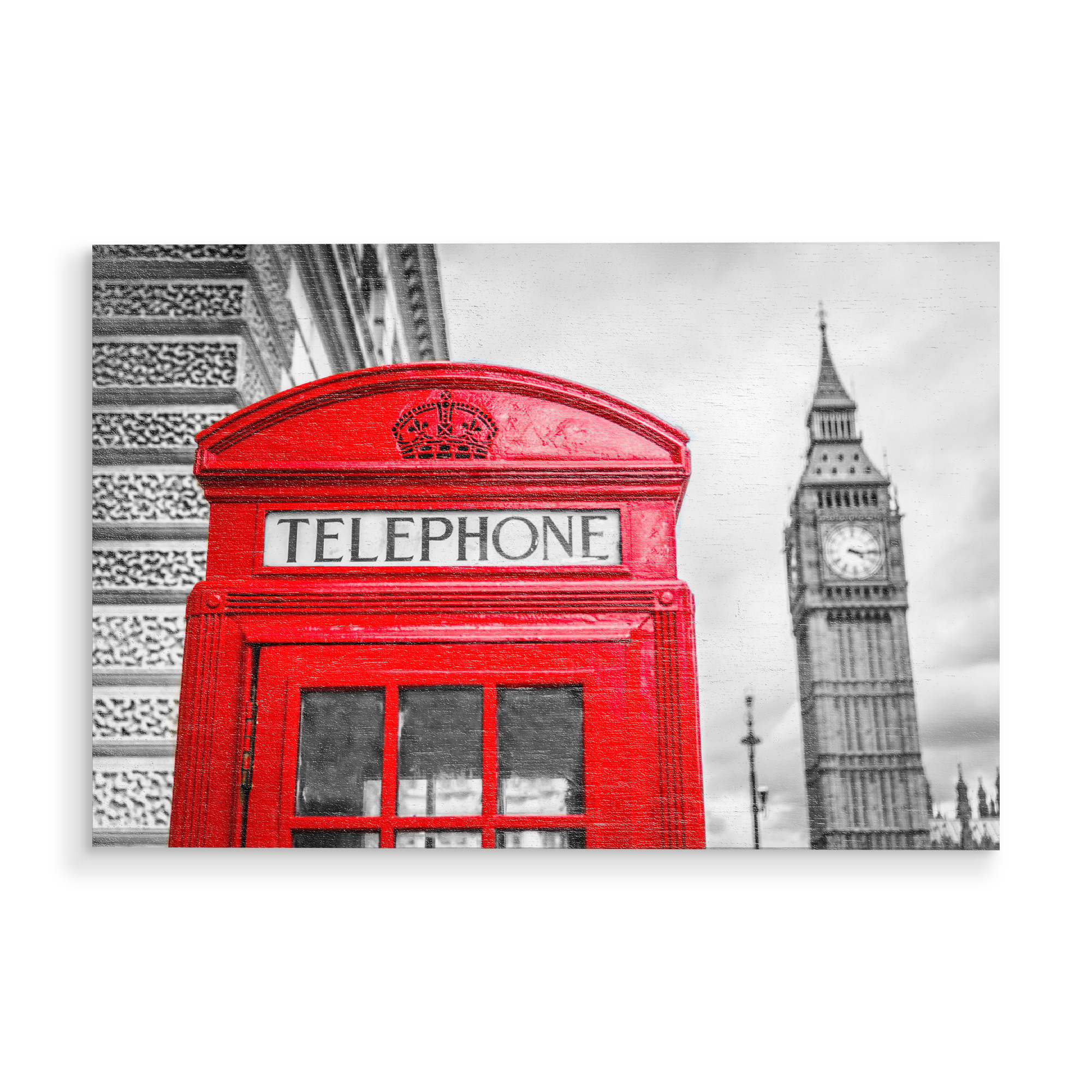 Holzbild "Telefonzelle am Big Ben" artboxONE - Städte / London - Call,Telefon,Bigben,Kirche,London,England,Great britian,Großbritanien
