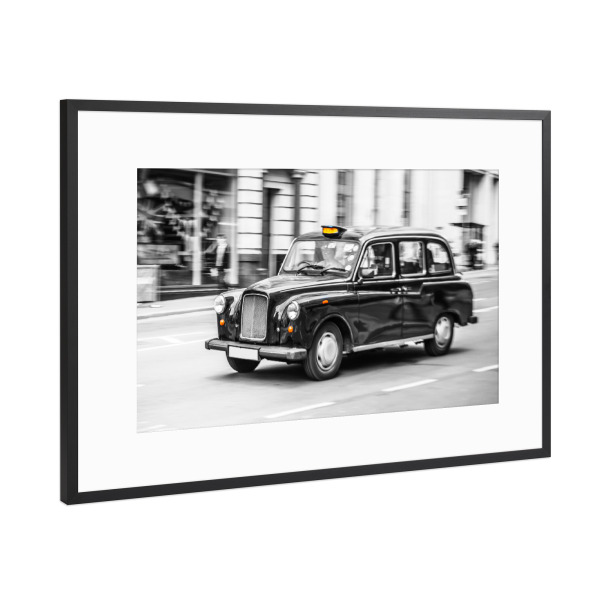 Poster mit Rahmen Schwarz (Metallic) "London Taxi Schwarzweiß" artboxONE - Städte / London,Schwarzweiß - Taxi,London,Großbritanien,England,Britian