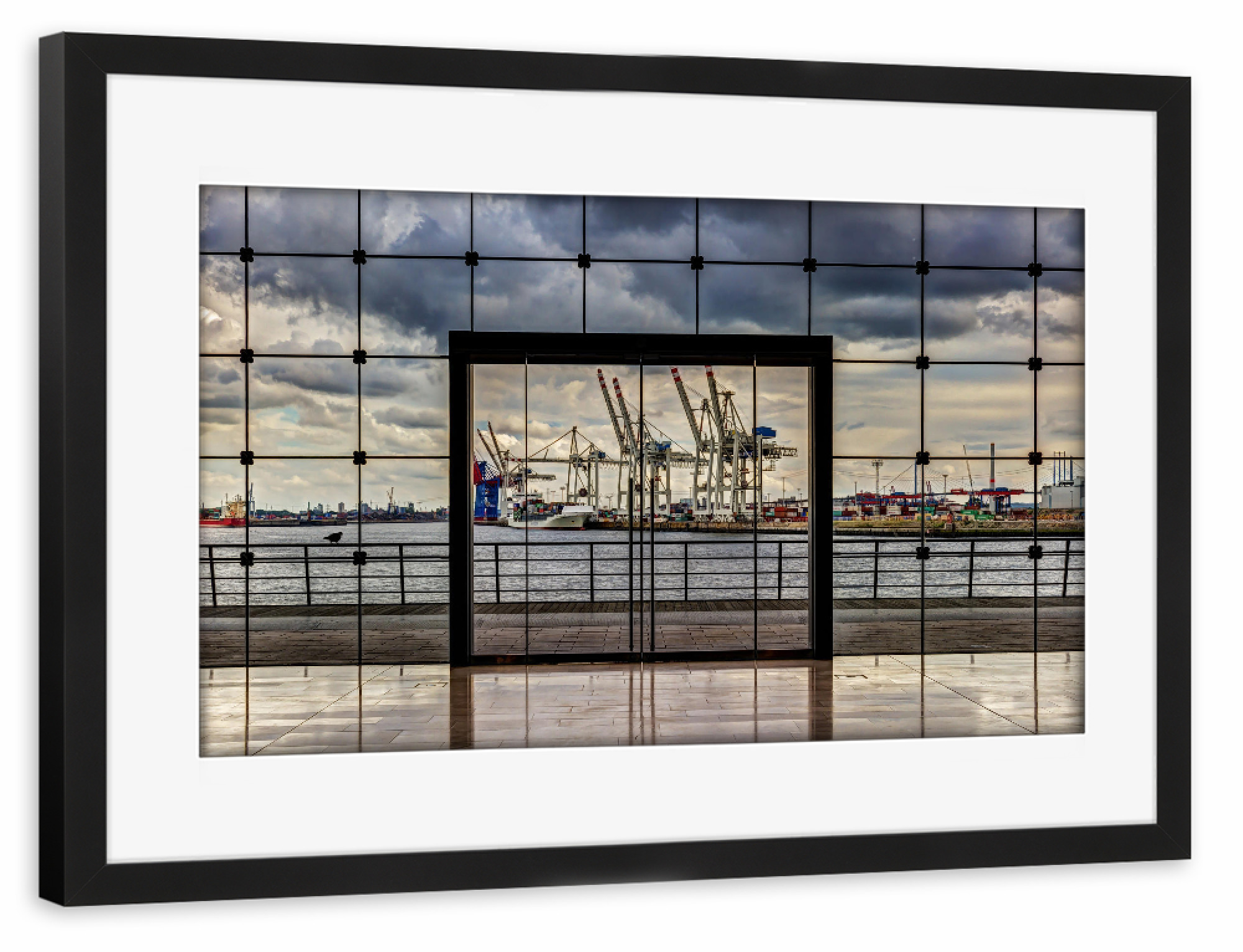 Poster mit Rahmen schwarz "Das Tor zur Welt" artboxONE - Architektur - Hafen,Kran,Hamburg,Handel,Schiffe,Geometrie