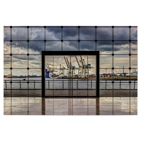 Poster "Das Tor zur Welt" artboxONE - Architektur - Hafen,Kran,Hamburg,Handel,Schiffe,Geometrie