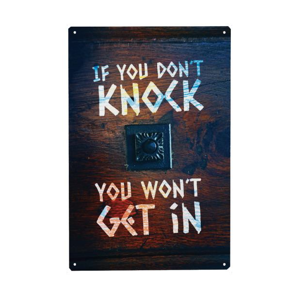 Holzbild "You knock" artboxONE - Typografie - Typo,Spruch,Sprüche,Aussage,Zitat,Zitate,Weise,Weisheit,Holz,Tür,Klopfen,Anklopfen,Mut,Mutig
