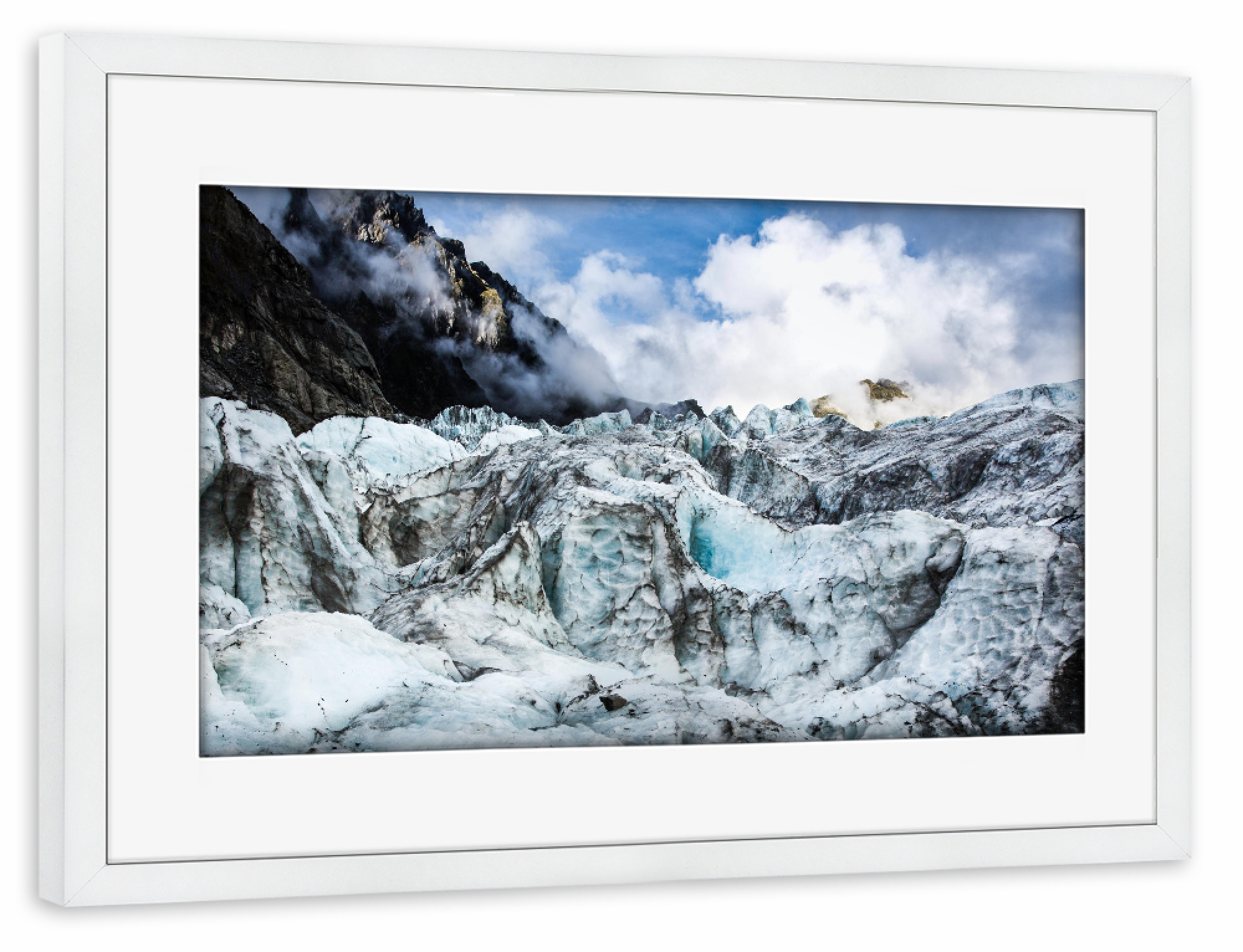 Poster mit Rahmen weiß "Eisgletscher" artboxONE - Natur - Gletscher,Eis,Schnee,Natur,Wandern,Berg,Fels,Berge,Felsen,Wolke,Gipfel,Bergspitze
