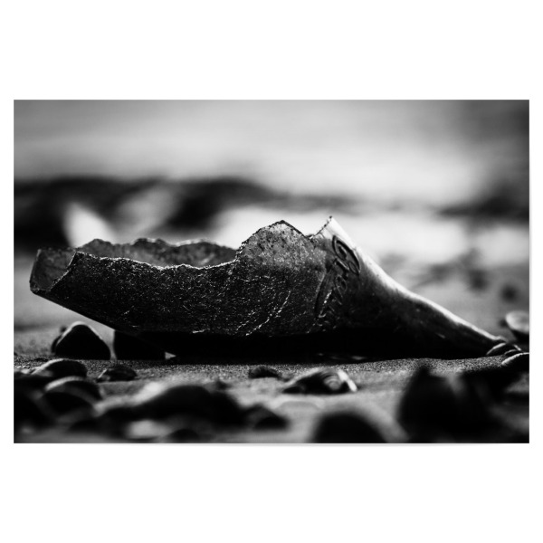 Poster "Scherbenrelikt" artboxONE - Schwarzweiß - Scherbe,Meer,Stein,Steine,Strand,Kaputt,Zerbrochen,Fragil,Zerbrechlich,Morbide,Stück,Scherben