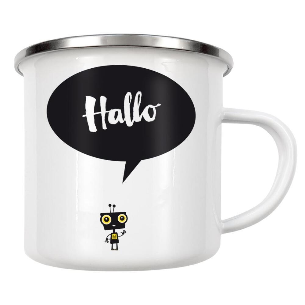 Emaille Tasse "Hallo kleiner Roboter" artboxONE - Für Kinder,Comic - Roboter,Hallo,Spruch,Grüße augen,Muster,Dreiecke,Einfach,Süß,Niedlich