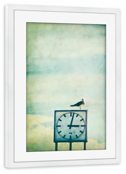 Poster mit Rahmen weiß "Kurz nach Drei Uhr" artboxONE - Tiere - Möwe,Uhr,Zeit,Drei,Himmel,Sky,Time