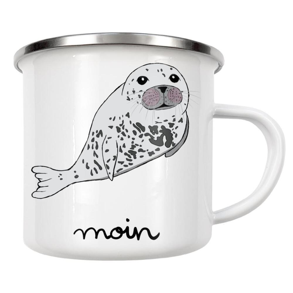 Emaille Tasse "Moin - Robbe" artboxONE - Typografie,Tiere,Unterwasser,Lustig