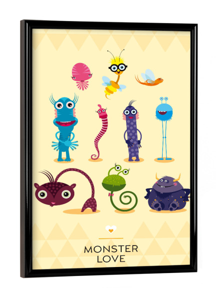 Poster mit schwarzem Rahmen "Monster Love" artboxONE - Für Kinder - Monster,Freundschaft,Freunde,Friends,Kinderzimmer,Biene,Für kinder