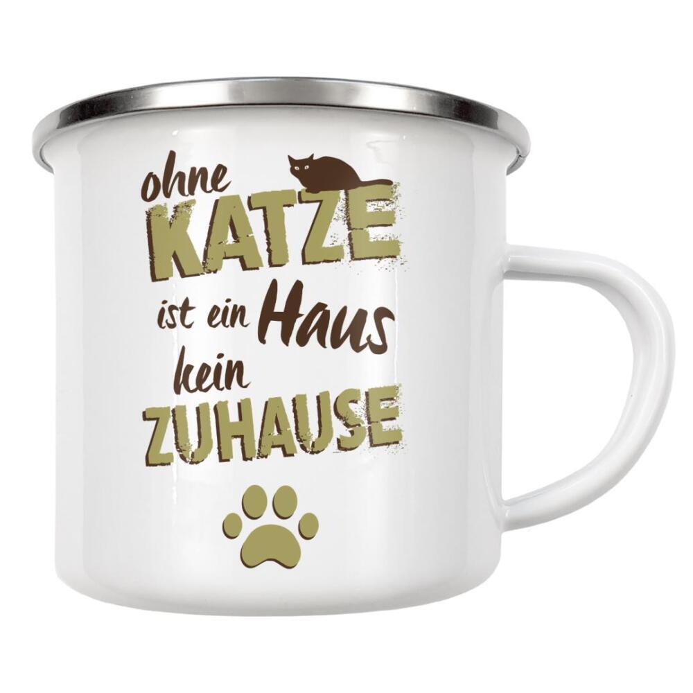 Emaille Tasse "Ohne Katze" artboxONE - Typografie,Tiere - Zuhause,Katzenfreund,Pfote,Typo,Typografie,Katze,Haus